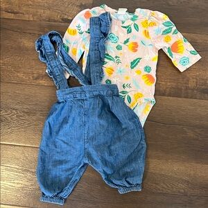 Denim Suspender Pants with Floral Pink Bodysuit Size 3 Months
